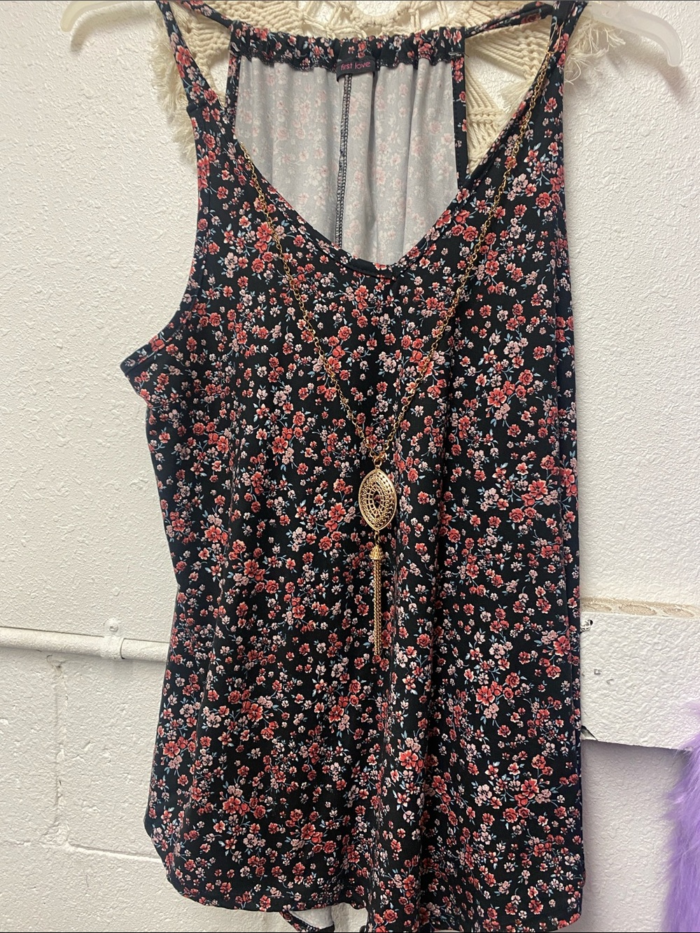 First Love Black Floral Racerback top Pink Rose Print and detachable necklace